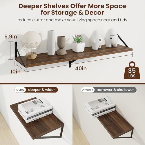 Axeman Deep Floating Shelves, 40'' x 10'' Walnut Wall Shelves Set of 2