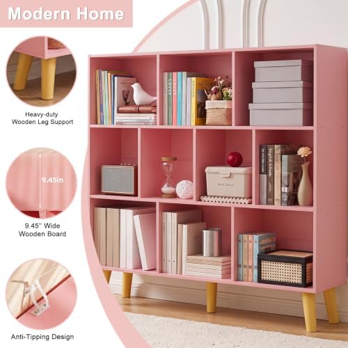YAHARBO 10 Cube Bookshelf,3 Tier Bookcase with Legs,Light Pink Mid-Century Modern Bookshelves,Large Free Standing Open S
