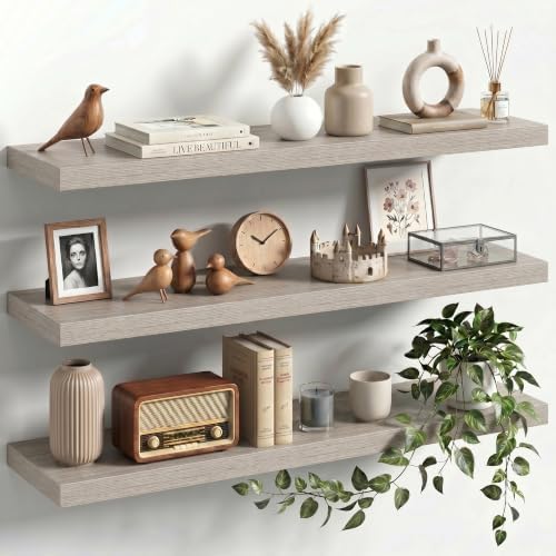 36" Floating Shelves for Wall, Set of 3, 8" Deep, 1.5" Thick, Gray