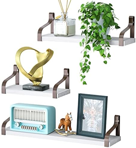 Love-KANKEI Floating Wall Shelves,Solid Wood/Metal Bracket,White Brown