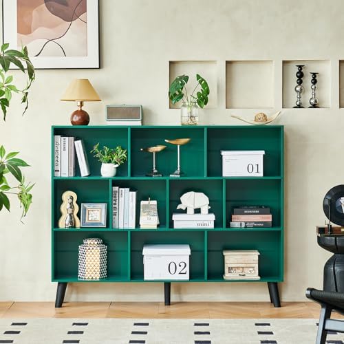 LEYAOYAO 10 Cube Bookshelf,Mid-Century Modern Bookcase with Legs,Dark Green