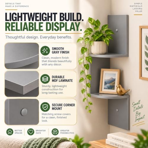 Greenco 2-Tier Corner Shelves, Gray Finish | Floating Wall-Mounted Home Decor Set | Corner Wall Shelf | Living Room, Bed