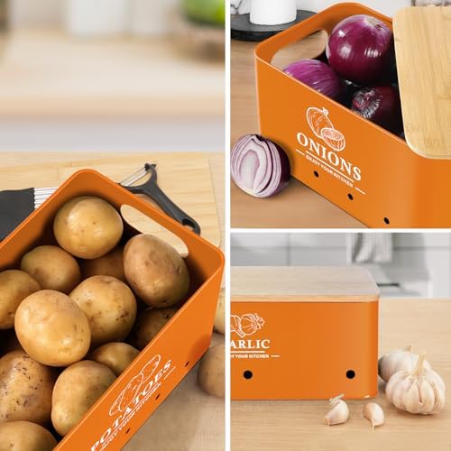 Kitchen Vegetable Storage Set of 3, Metal Onion Garlic Potato Storage Set, Kitchen Canisters Vegetable Keeper Containers