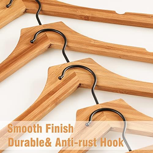 TOPIA HANGER Bamboo Wooden Hangers, Clothes Hangers with Rotatable Black Hook and Smooth Cut Nothces, Set of 12 Durable 