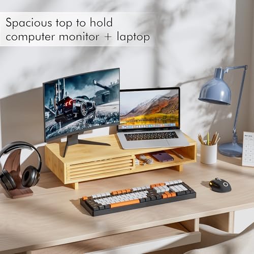 Zri Bamboo Computer Monitor Stand with Drawer, Dual Laptop Stand for Desk,Single Monitor Riser with Storage,Wood Office 