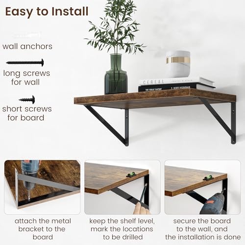 Axeman Deep Floating Shelves - 20 Inch Floating Shelves Set of 2-12 Inch Deep Brown Wood Wall Shelves for Living Room Ba