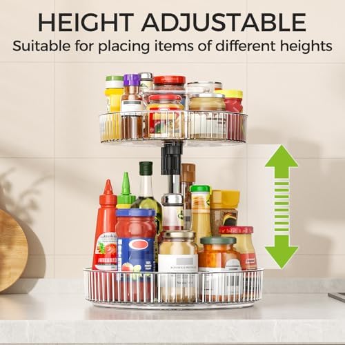 2-Tier Rotating Organizer with Handle – Adjustable Shelf, 360° Lazy Susan Turntable for Kitchen Countertop, Bathroom, Pa