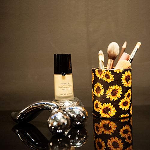 Sunflower Pen Cup, Premium PU Leather Pencil Holder, Women Makeup Brush Holder, Ideal Desk Organizer Gift for Office/Classroom/Home