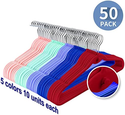 Multi-Color Premium Velvet Hangers with Mini Hooks, Pack of 50, Non Slip, Space Saving Cascading Clothes Hangers, 5 Colors, Pink, Lavender, Navy Blue, Red Burgundy and Mint Green