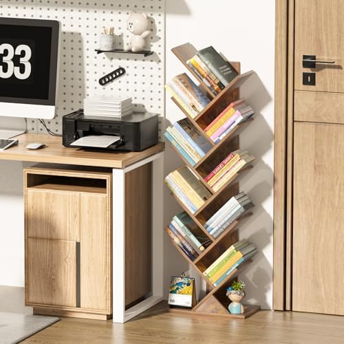 10 Tier Tree Book Shelf, Floor Standing Wood Bookshelf for Narrow Space