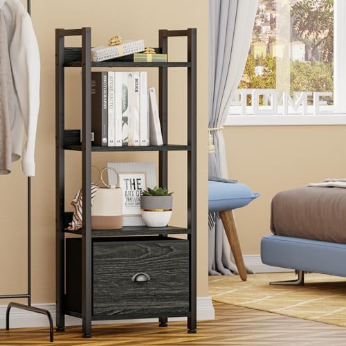 Furologee 4 Tier Bookshelf with Drawer, Small Narrow Bookcase, Black Oak