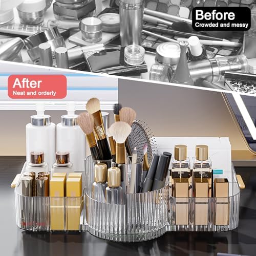 DASITON Large Makeup Brush Holder,Rotating Makeup Organizer,Vintage Striped Cosmetic Organizer,Makeup Storage Organizer 