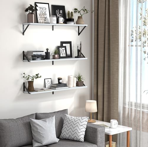 Heimlove Floating Shelves for Wall, 32 Inch Long Wood Floating Shelves Set of 3, Wall Mounted Hanging Shelf for Bathroom