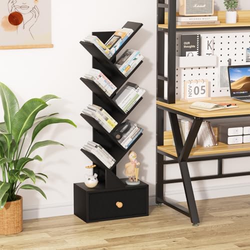 SHEEPAM 8-Tier Tree Bookshelf Floor Standing Storage Bookcase with Drawer