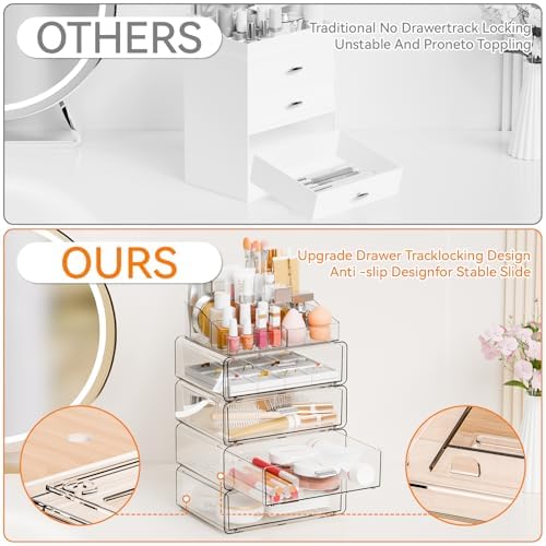 Yieach Clear Acrylic Makeup Organizers Countertop for Dresser,Desk,Bathroom Vanity,5Tier Stackable Make up Holders and M