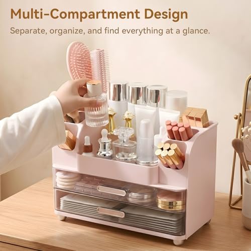 Makeup Organizer for Vanity with 2 Large Drawers and 6 Brush Holders, Pink