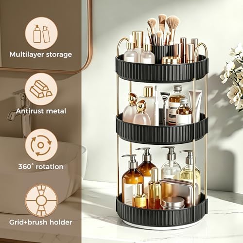360° Rotating Makeup Organizer, Upgraded 3 Tier Skincare Perfume Organizers for Women, Bathroom Organizer Countertop, Cl