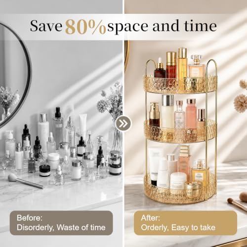 Large Capacity Rotating Makeup Organizer Perfume Stand Holder, 3 Tier Gold