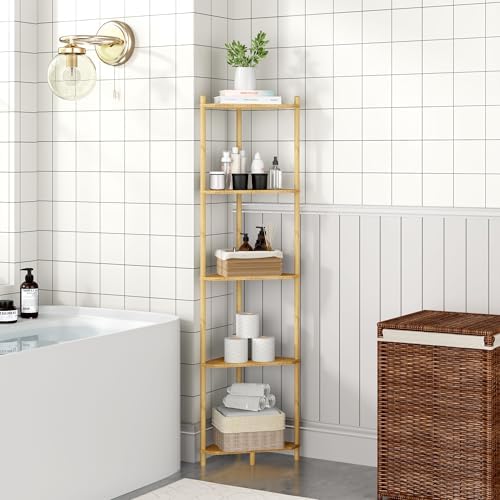 Corner Shelf Stand - 5 Tier Bamboo Small Corner Bookshelf for Office Kitchen Bedroom Plant Stand Living Room Decor Small