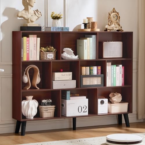 LEYAOYAO 10 Cube Bookshelf, Mid-Century Modern Book Shelf with Legs, Walnut