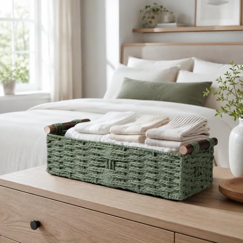 Round Paper Rope Storage Basket Wicker Baskets for Organizing with Handle Decorative Storage Bins for Countertop Toilet Paper Basket for Toilet Tank Top Small Baskets Set,Green