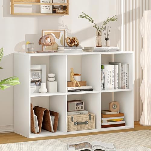 6 Cube Storage Organizer, 2 Tier Floor Standing Bookcase with Anti-Toppling Kits, Wooden Open Display Shelf for Living R