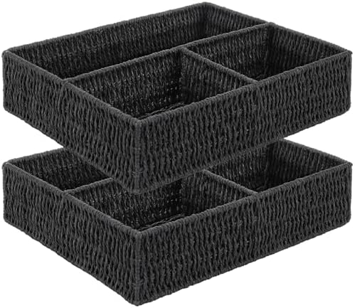 Vagusicc Wicker Divided Storage Basket, Black Wicker Baskets, Basket for Shelves Drawer Organizing, 3 Section Rectangula