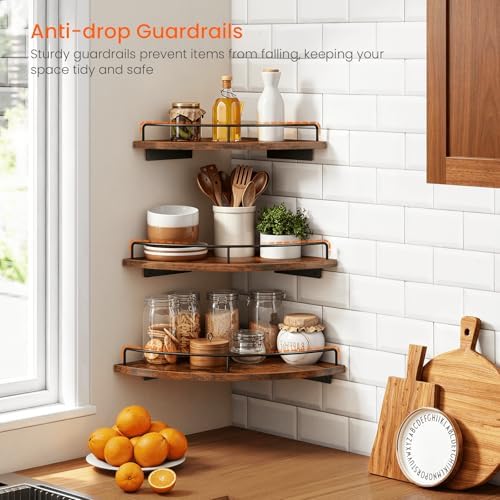 Homode Corner Shelf Wall Mounted Set of 3, Corner Floating Shelves 9/10/12 Inch Deep, Wood Round Corner Hanging Display 