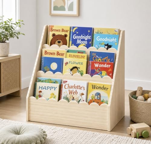 Scalloped Kids Book Shelf, Montessori 3-Tier Wooden Toddler Bookshelf for Ages 1–5, Nursery & Kids Room Bookshelf, Safe 