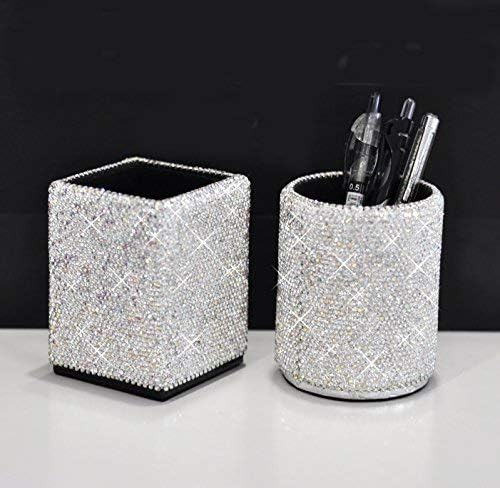 Crystal Bling Rhinestone Pen Holder, Silver, Square