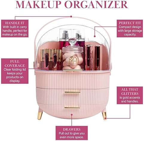 Paris Hilton Makeup Storage Organizer with Lid, Cosmetics and Skincare Organizer for Vanity, Portable Makeup Storage Box