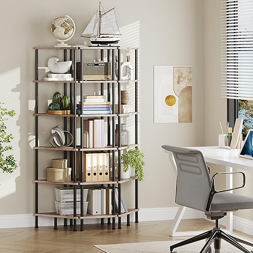 HOOBRO Corner Shelf Stand, Industrial 6-Tier Corner Bookshelf with Metal Frame, Plant Display Shelf, Bookcase for Small 