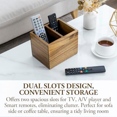 MyGift Premium Acacia Wood Remote Holder, 2 Slot TV Control Caddy