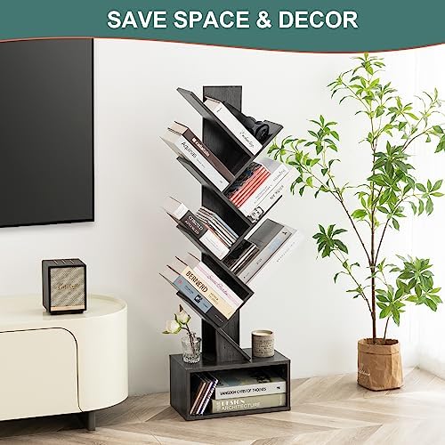 Yoobure Tree Bookshelf - 6 Shelf Retro Floor Standing Bookcase, Tall Wood Book Storage Rack for CDs/Movies, Utility Book