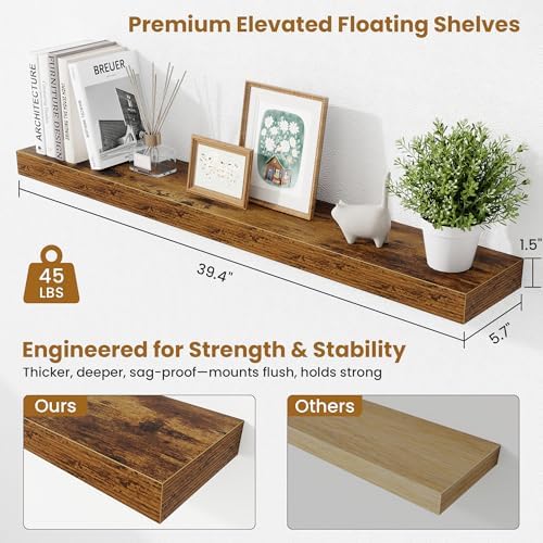 Fun Memories 40 Inch Floating Shelves, Long Wood Wall Shelf Set of 2 with Invisible Brackets, for Bathroom, Living Room,