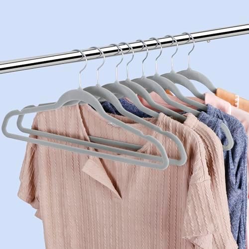 HomGarden 100 Pack Velvet Hangers Ultra Thin Non Slip Clothes Hanger Hook Swivel 360 Flocked & Durable Space Saving w/Bar for Garments, Suits, Dresses, Pants, Shirts, Coats,Pink (Gray)