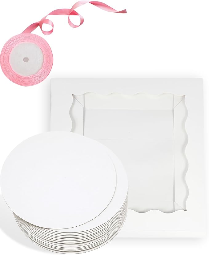 qiqee White 10x10x8 Cake Box, 4 Sets Cake Box with Window ＆ 4 Sets 10" Cake Round Boards, 10inch Cake Containers, 10 Meters Pink Silk Ribbon Includes