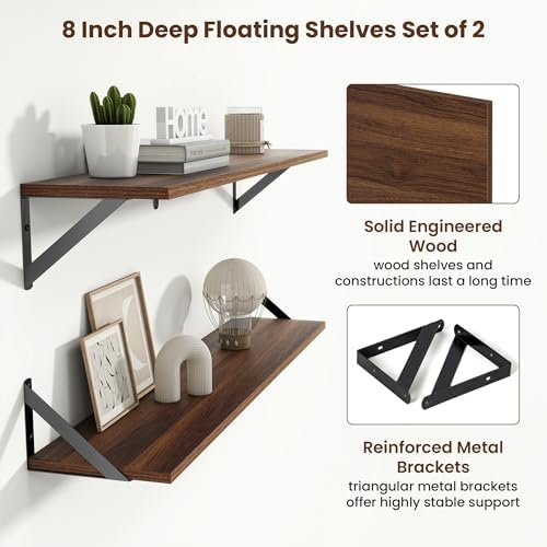 Axeman 36 Inch Floating Shelves, 8 Inch Deep Walnut Wall Shelves Set of 2