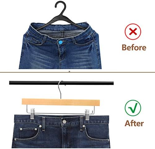 AMKUFO 20pcs Wooden Pants Hangers Solid Pants Hanger with Adjustable Clips 14 Inch Natural Wood Skirt Hangers Trousers Bottom Hanger with Non-Slip Clips and 360° Swivel Hook