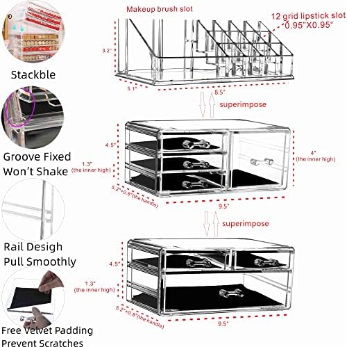 Clear Acrylic Makeup Organizer for Vanity,Countertop,Stackable 7 Drawers Bathroom Skincare Organizer with Brush Holder,L