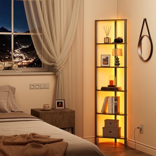 TUTOTAK Corner Shelf with LED Light, 6-Tier Corner Bookshelf