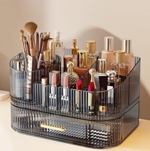 Makeup Organizer with Drawers, 360° Rotating Brush Holder
