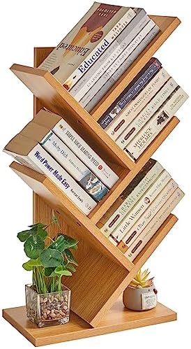 YMYNY 4 Tier Tree Bookshelf, Small Bookcase, Modern Wood Book Storage Rack, Freestanding Book Shelf for Books/Movies/CDs