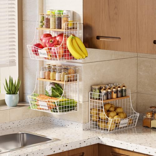 3 Pack Hanging Fruit Basket for Kitchen with Wood Lid - Onion and Potato Storage Fruit Bowl with Nameplate for Counter&W