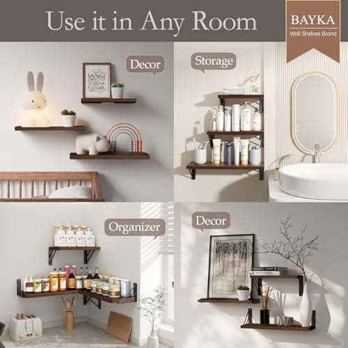BAYKA Wall Mounted Floating Shelves (Walnut-Like, Set of 3, 16" Mixed)