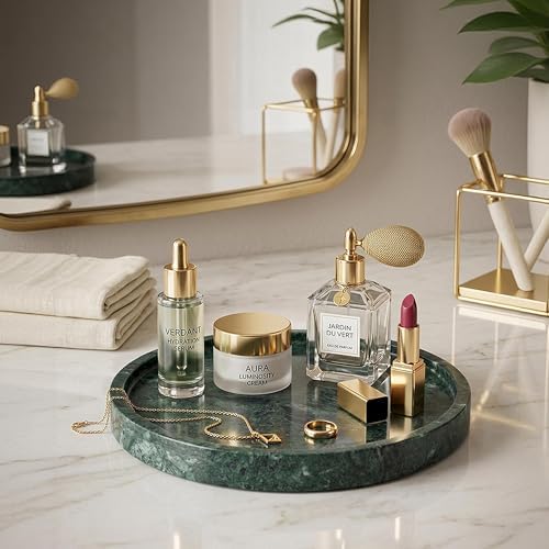 Natural Marble Decorative Tray for Bathroom Bedroom Kitchen, Large 10.6" Round Vanity Trays for Jewelry, Perfume, Cosmet