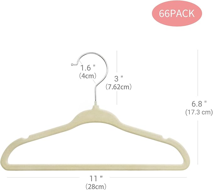 ManGotree 11" Baby Velvet Hangers, Non-Slip Kids Coat Hangers with 360° Swivel Hook, Ultra-Thin Felt Children's Hanger for Infant & Toddler Clothes, 66 Pack (Beige)