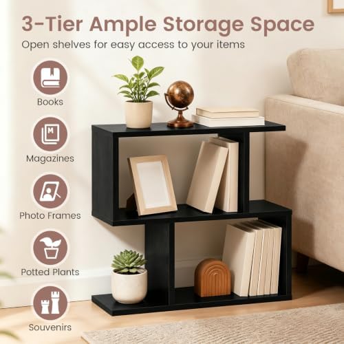 GIANTEX 3-Tier Geometric Bookshelf, Wood S-Shape Bookcase, Black