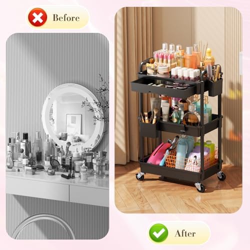 SUNALLY Makeup Cart Organizer with Drawer,3 Tier Rolling Makeup Cart, Black