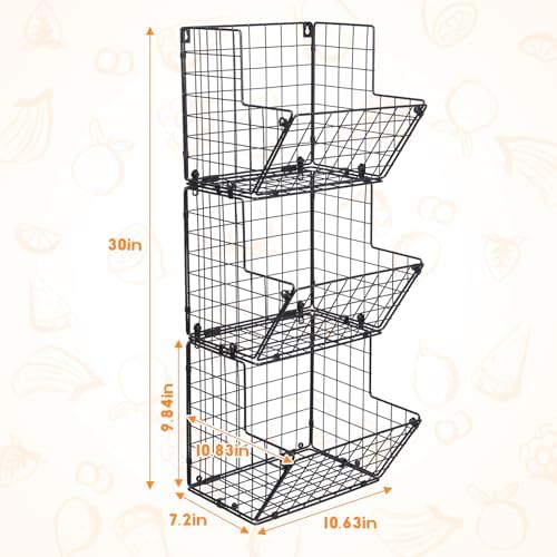 X-cosrack Metal Wire Basket Wall Mount, 3 Tier Wall Storage Organizer with 5 S Hooks, Kitchen Fruits and Vegetables Bin 
